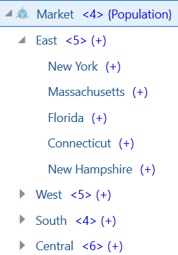 Dimensionen Market med generation 2-medlemmerne East, West, South og Central. Markedsregionsmedlem East er udvidet til at vise de underordnede medlemmer på laveste niveau for nogle østlige amerikanske stater: New York, Massachusetts, Florida, Connecticut og New Hampshire. Andre produktkategorimedlemmer, West, South og Central, er ikke udvidet, men har hver især yderligere underordnede medlemmer.
