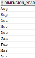 Kolonnen DIMENSION_YEAR med månedsværdier: Aug, Sep, Oct og så videre.