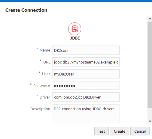 Cuadro de diálogo Crear conexión para la conexión del controlador de JDBC. Nombre: DB2conn, URL: jdbc:db2://myhostname02.example.com:50000/TBC, Usuario: myDB2User, Contraseña: (oculta), Controlador: com.ibm.db2.jcc.DB2Driver, Descripción: conexión a DB2 mediante controladores JDBC