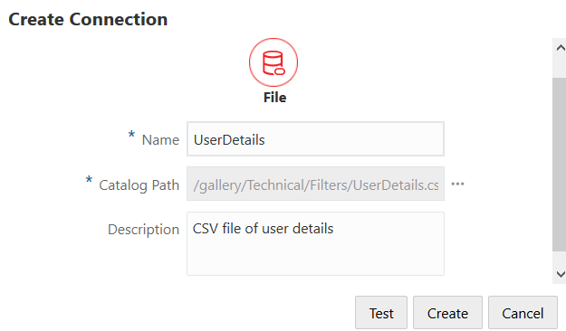 Cuadro de diálogo Crear conexión para crear una conexión a un archivo en el catálogo del servidor de Essbase. Nombre: UserDetails, ruta: /gallery/Technical/Filters/UserDetails.csv, descripción: CSV file of user details