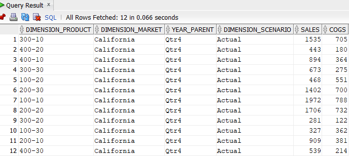 SQL Developerin taulukkotietojen n&auml;kym&auml;. Kaksitoista rivi&auml;, joilla on sarake DIMENSION_PRODUCT sis&auml;lt&auml;en Product SKU -arvot, sarake DIMENSION_MARKET sis&auml;lt&auml;en arvon California, sarake YEAR_PARENT sis&auml;lt&auml;en arvon Qtr4, sarake DIMENSION_SCENARIO sis&auml;lt&auml;en toteutuneet sek&auml; numerosarakkeet nimelt&auml; SALES ja COGS.