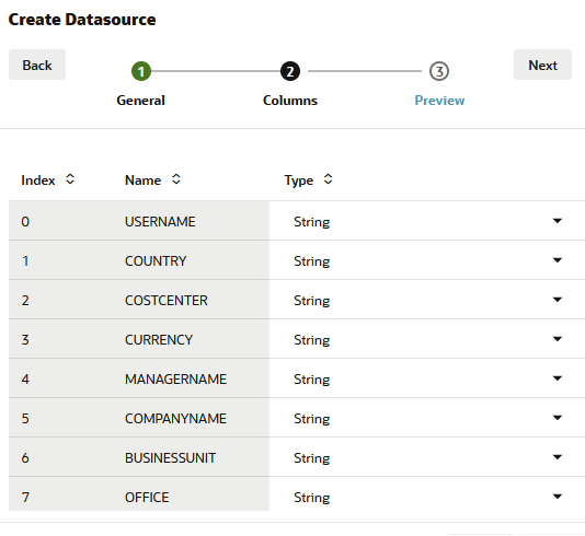 Luo tietol&auml;hde -valintaikkuna, Sarakkeet-vaihe. Luettelossa n&auml;kyv&auml;t sarakenimet ja -tyypit. Voit vaihtaa tyypin tarvittaessa merkkijonosta sopivammaksi tietotyypiksi.