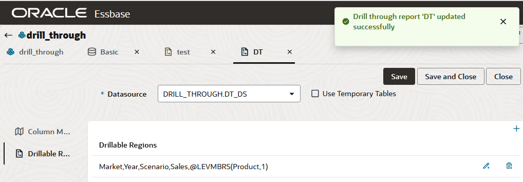 Siirtymisen sallivien alueiden v&auml;lilehden kuva siirtymisraportin ohjatussa suorituksessa; siirtymisen salliva alue m&auml;&auml;ritetty dimensioille Market, Year, Scenario, Sales ja tason 1 j&auml;senet dimensiossa Product.