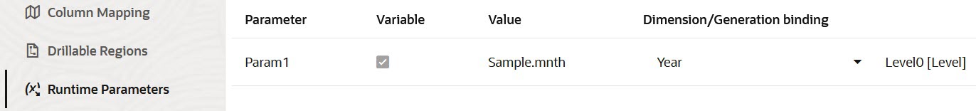 Siirtymisraportin m&auml;&auml;ritelm&auml;n ajoaikaisten parametrien v&auml;lilehti. Parametri: Param1. Muuttuja: tarkistettu. Arvo: Sample.mnth. Dimensio: Year. Sukupolven sidonta: Taso 0 [Taso]