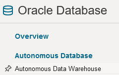 OCI-konsolin Oracle-tietokantavalinnoista valittu Autonomous Data Warehouse