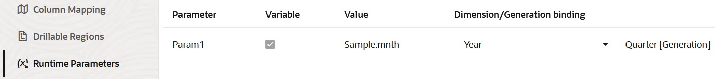 Siirtymisraportin m&auml;&auml;ritelm&auml;n ajoaikaisten parametrien v&auml;lilehti. Parametri: Param1. Muuttuja: tarkistettu. Arvo: Sample.mnth. Dimensio: Year. Sukupolven sidonta: Quarter [Generation]
