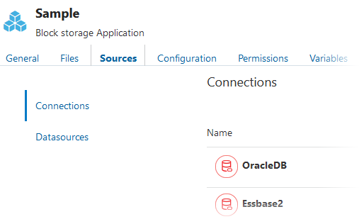 Onglet Sources de l'inspecteur d'application pour l'application nommée Sample. La zone Connexions apparaît, avec deux connexions déjà créées, nommées OracleDB et Essbase2.