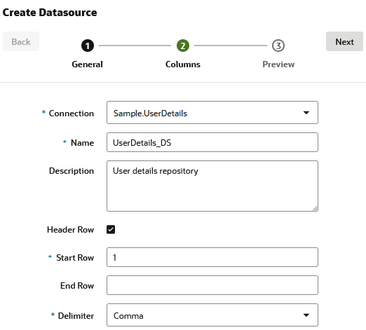 Boîte de dialogue Créer une source de données, étape Général, pour la création d'une source de données pour un fichier sur le serveur Essbase. Connection : SAMPLE.UserDetails, Name : userDetails_DS, Description : User details repository. Header Row est coché, car Essbase a détecté que le fichier CSV a un enregistrement d'en-tête. Delimiter a la valeur Comma, car Essbase a détecté que le fichier est délimité par des virgules.