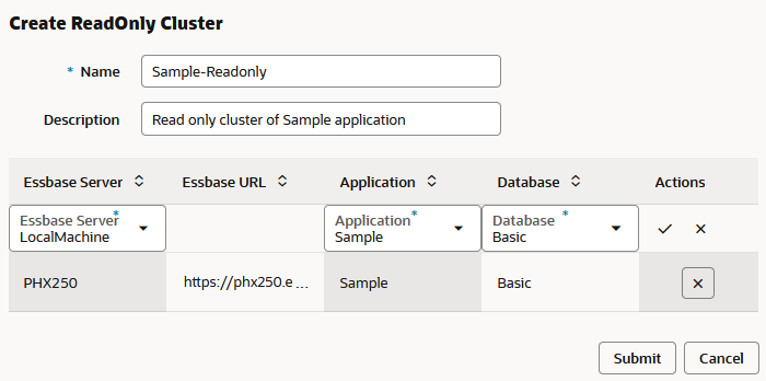 Boîte de dialogue Créer une grappe en lecture seule définissant une grappe nommée Sample-Readonly, composée de deux cubes Sample Basic. Un cube se trouve sur le serveur Essbase avec l'alias LocalMachine, et un autre se trouve sur le serveur Essbase avec l'alias PHX250.