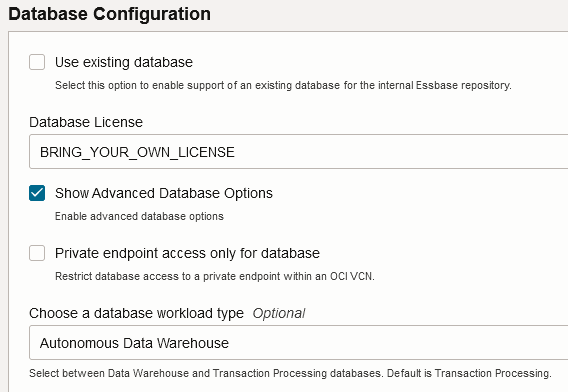 Dans l'écran Configuration de base de données pour la création de pile Essbase sur OCI, la case Afficher les options de base de données avancées est cochée, et la base de données Autonomous Data Warehouse est le type de charge de travail.