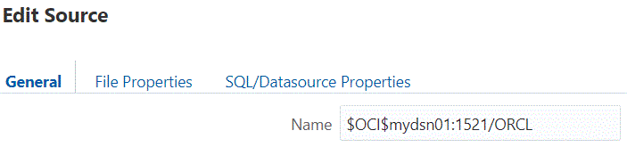 שם מקור הנתונים של עורך הכללים מציג את מחרוזת החיבור של OCI בקבוצה כללי, בשדה שם.