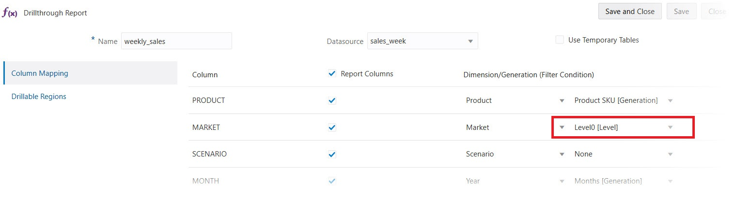 Immagine della schermata per il mapping di livello 0 a una colonna di origine dati