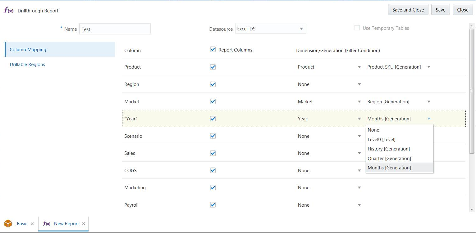 データ・ソース名への世代名の列マッピングの画面イメージ