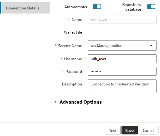 Afbeelding van het dialoogvenster 'Verbinding maken'. Autonome en repositorydatabase zijn geselecteerd. De naam is 'Multikubus'. De servicenaam is 'av212auto_medium'. De gebruiker is 'adb_user'. Het wachtwoord is gemaskeerd. De beschrijving luidt 'Verbinding voor federatieve partitie'.