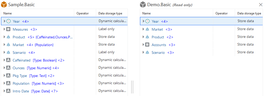 Bilde av Sample.Basic- og Demo.Basic-disposisjonen vist side ved side i redigeringsprogrammet for disposisjoner.