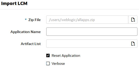 Bilde av dialogboksen Importer LCM, i Jobber, med avmerking for Tilbakestill applikasjon.