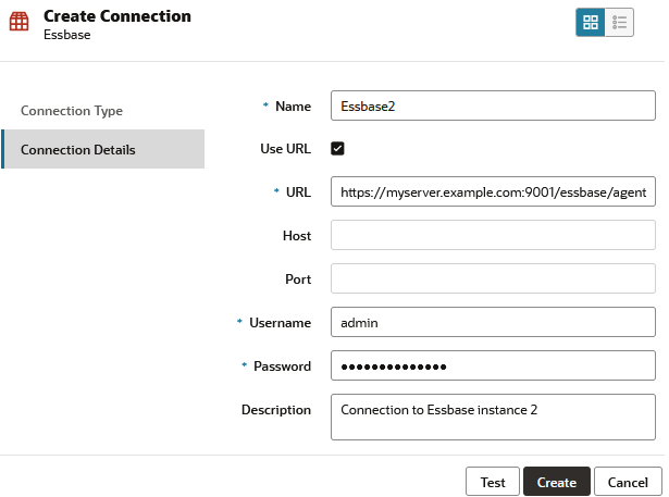 Dialogboksen Opprett tilkobling for opprettelse av en tilkobling til en annen Essbase-forekomst. Navn: Essbase2 Det er merket av for Bruk URL-adresse. URL-adressen er https://myserver.example.com:9001/essbase/agent. Vert og Port er tomme fordi det er merket av for Bruk URL-adresse. Bruker: admin Passord (utydelig) Beskrivelse: Tilkobling til Essbase-forekomst 2