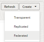 Knappen Opprett i fanen Partisjoner, med valg for Gjennomsiktig, Replikert og Sammensluttet.