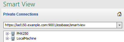 Prywatne połączenie narzędzia Smart View z dwoma węzłami instancji serwera ("PHX250" i "LocalMachine") w ramach jednego adresu URL (adres URL komputera lokalnego).