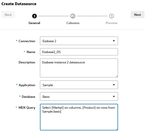 Caixa de diálogo Criar ligação, passo Geral, para criar a ligação a outra instância do Essbase. Ligação: Essbase2, Nome: Essbase2_DS, Descrição: Essbase instance 2 datasource, Aplicação: Sample, Base de Dados: Basic, Consulta de MDX: Select {Market} on columns, {Product} on rows from Sample.basic