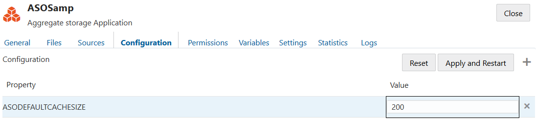 Interface da configuração da aplicação com a propriedade da configuração ASODEFAULTCACHESIZE acrescentada para introduzir manualmente o campo de texto Valor ativo como o valor 200