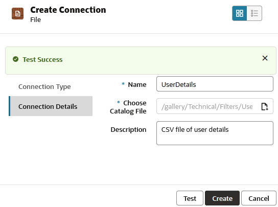 Caixa de diálogo para criar conexão com um arquivo no catálogo do Essbase Server. Nome: UserDetails, caminho para o arquivo de catálogo: /gallery/Technical/Filters/UserDetails.csv, Descrição: arquivo CSV de detalhes do usuário