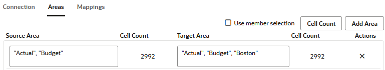Imagem da definição de uma área de partição transparente, mostrando uma área de origem de "Real", "Orçamento" e uma área de destino de "Real", "Orçamento" e "Boston"
