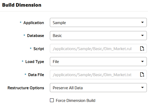 Obrázok dialógového okna Build Dimensions (Vytvoriť dimenzie) v sekcii Jobs (Úlohy).