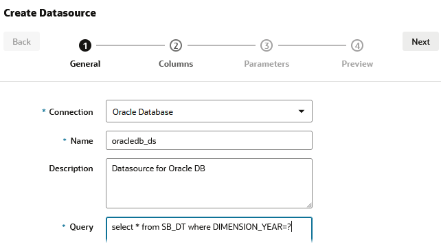 Obrázok karty General (Všeobecné) v sprievodcovi vytvorením dátového zdroja. Connection (Pripojenie): SAMPLE.oracledb_conn, Name (Názov): oracledb_ds, Description (Popis): Datasource for Oracle DB (Dátový zdroj pre Oracle DB), Query (Dopyt): select * from SB_DT where dimension_year=?