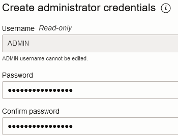 Oblasť Create administrator credentials (Vytvoriť doklady administrátora) s menom používateľa ADMIN, ktoré je iba na čítanie, a dvoma poľami na zadanie hesla
