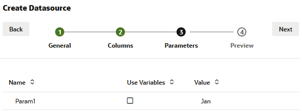 Obrázok karty Parameters (Parametre) v sprievodcovi vytvorením dátového zdroja. Políčko Variables (Premenné) nie je začiarknuté a zadaná hodnota je Jan.