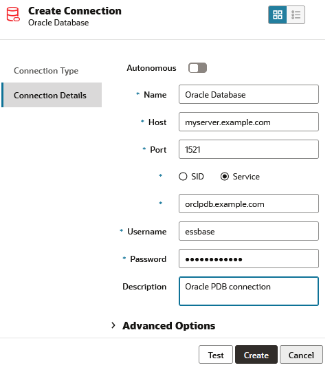 Dialogrutan Skapa anslutning för att skapa anslutning till Oracle Database. Namn: Oracle Database. Värd: myserver.example.com. Port: 1521. Användare: essbase. Lösenord: (dolt). Tjänst är markerad och värdet är orclpdb.example.com. Beskrivning: Oracle-anslutning till instickbar databas