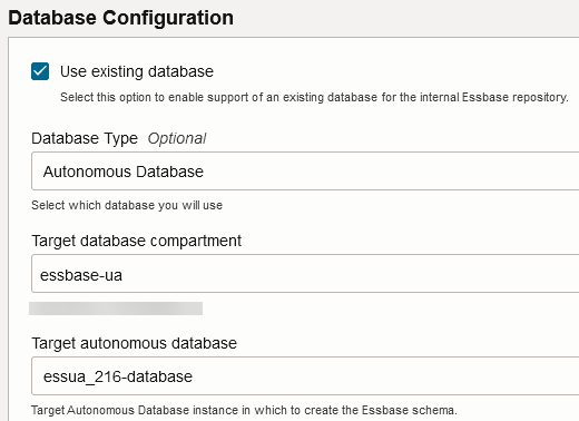 På skärmen Databaskonfiguration för att skapa Essbase-stack i OCI är Använd befintlig databas markerat och det autonoma datalagret med namnet essua_216-database är den autonoma måldatabasen.