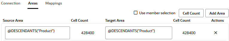 Bild på fliken Områden i en replikerad partition som visar @DESCENDANTS(Product) för både källa och mål.