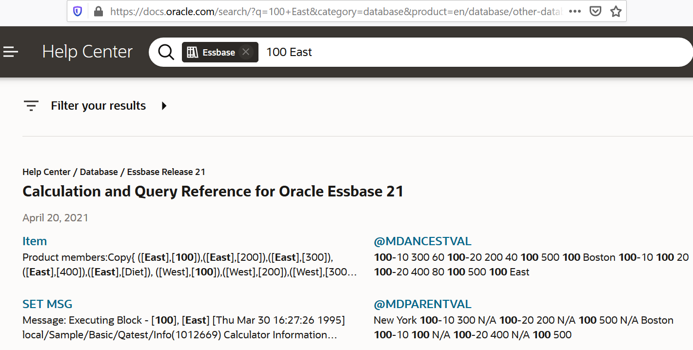 Essbase, 100 ve East için arama sonuçlarıyla Oracle Yardım Merkezi'ni gösteren URL kapsamlı sorgu sonuçlarının görüntüsü.