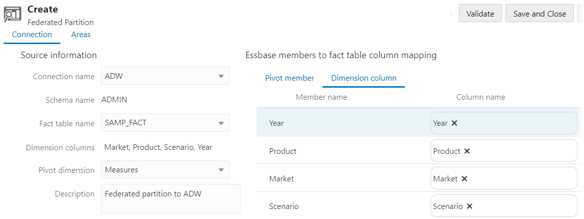 Essbase Web 界面中显示的联合分区定义，具有维列映射