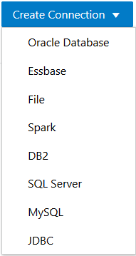 “创建连接”按钮，包含连接选项：Oracle 数据库、Essbase、文件、Spark、DB2、SQL Server、MySQL 和 JDBC