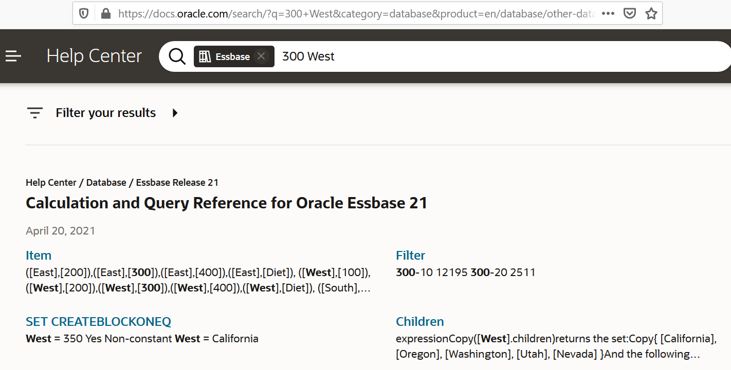 URL 穿透钻取搜索结果的图像，即在 Oracle 帮助中心的 Essbase 文档中搜索 300 和 West 的结果。