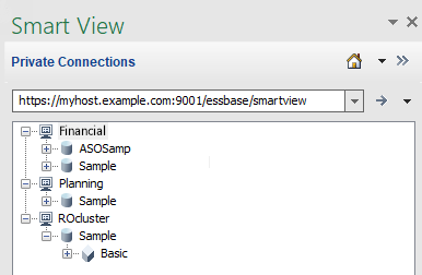 可在集中的 Smart View URL 存取多個 Essbase 伺服器節點。URL 為 https://myhost.example.com:9001/essbase/smartview。節點為 Financial (下面含有巢狀的 ASOSamp 和 Sample 應用程式)、Planning (下面含有巢狀的 Sample 應用程式) 以及 ROcluster (下面含有展開以顯示 Basic 資料庫的 Sample 應用程式)。