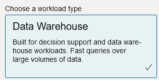 對「選擇工作負載類型」選項選取了「資料倉儲」