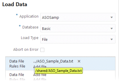 ASOSamp 應用程式在 Basic 資料庫的載入資料工作。載入類型為「檔案」，資料檔設定為 /shared/ASO_Sample_Data.txt。