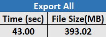 Essbase.Stats.Baseline 工作表中第五個表格的圖像，當中顯示匯出時間與檔案大小。