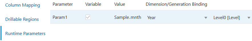 鑽研報表定義的「程式實際執行參數」頁籤。參數：Param1。變數：已勾選。值：Sample.mnth。維度：Year。層代連結：Level0 [層級]