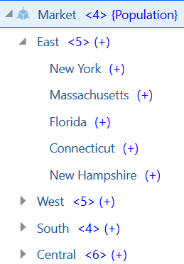 含有層代 2 成員 East、West、South 及 Central 的 Market 維度。Market 區域成員 East 已展開，顯示部分美國東部州的層級 0 子項成員：New York、Massachusetts、Florida、Connecticut 及 New Hampshire。其他產品種類成員 West、South 及 Central 則未展開，但各自都有其他子項成員。