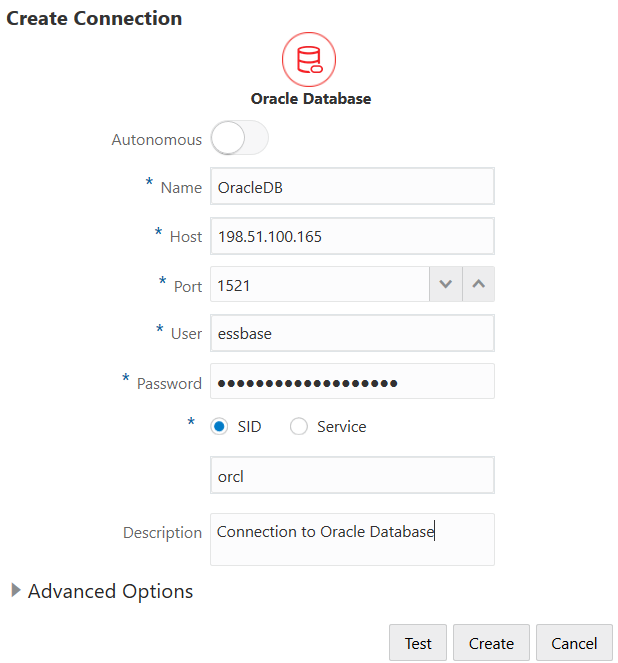 用於建立 Oracle Database 連線的「建立連線」對話方塊。名稱：OracleDB。主機：198.51.100.165。連接埠：1521。使用者：essbase。密碼：(已遮蔽)。已勾選 SID，且值為 orcl。描述：Connection to Oracle Database