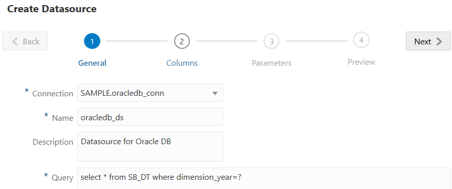「建立資料來源」精靈中的「一般」頁籤圖像。連線：SAMPLE.oracledb_conn、名稱：oracledb_ds、描述：Datasource for Oracle DB 以及查詢：select * from SB_DT where dimension_year=?