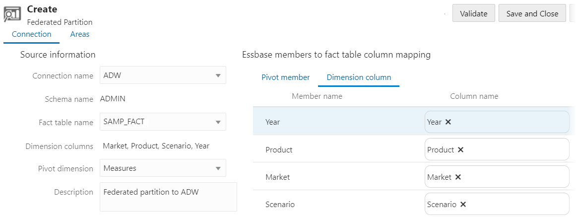 Essbase Web 介面中所顯示含維度資料欄對應的同盟分割區定義