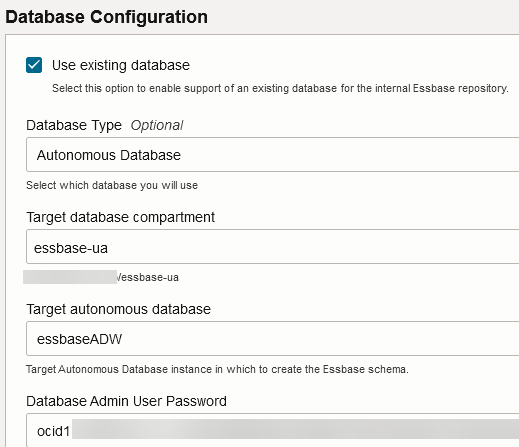 在 OCI 建立堆疊的資料庫組態畫面中，已勾選「使用現有資料庫」，且目標自治式資料庫是名為 essbaseADW 的自治式資料倉儲。