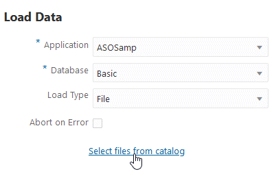 ASOSamp 應用程式在 Basic 資料庫的載入資料工作。載入類型為「檔案」，對話方塊中有一個用於從目錄選取檔案的連結。