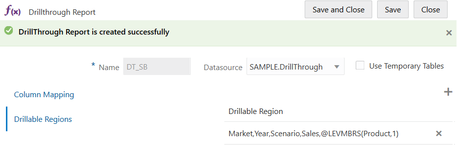 鑽研報表精靈中「可鑽研區域」頁籤的圖像，其中已為 Market、Year、Scenario、Sales 及 Product 中的層級 1 成員定義可鑽研區域。